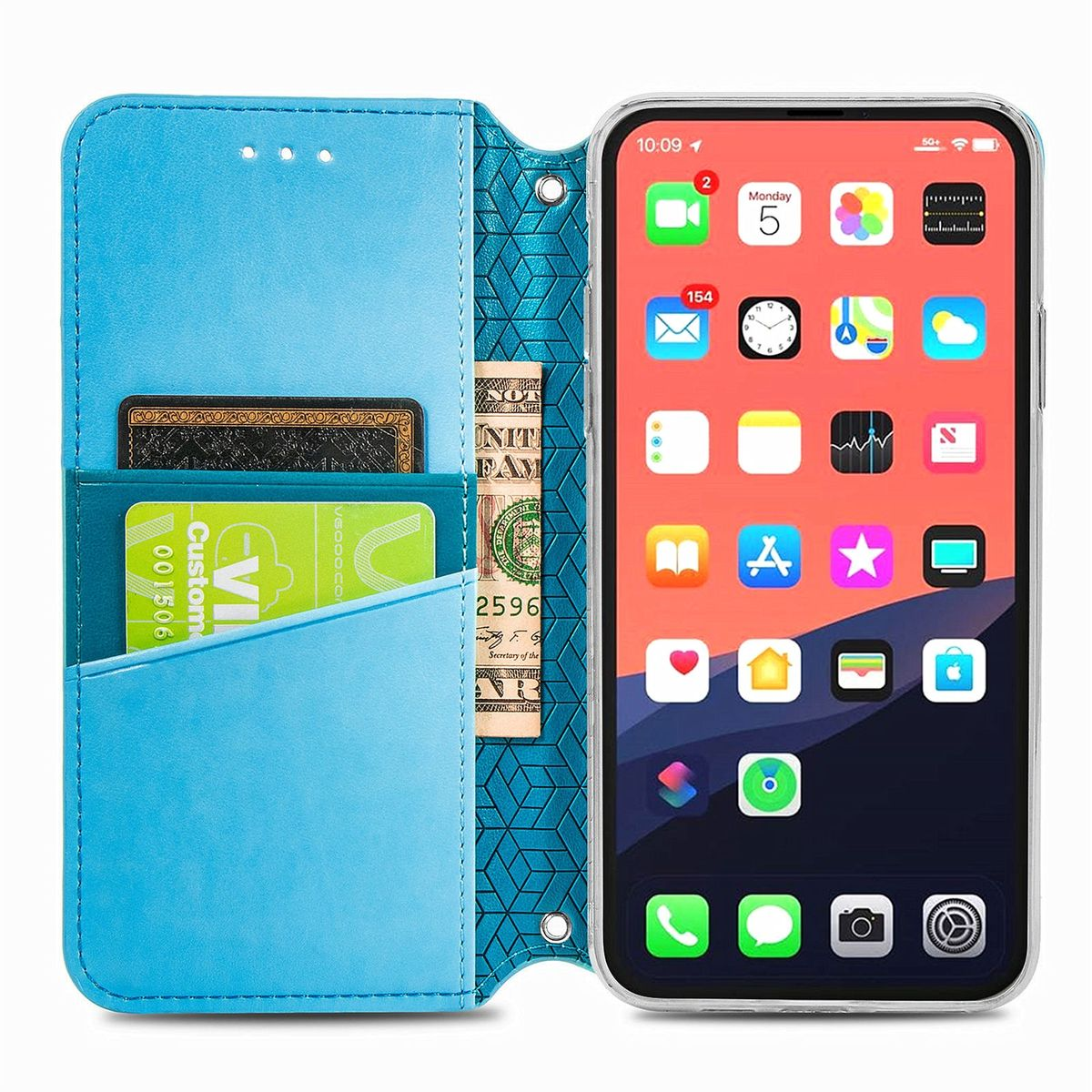 Geöffnete Handyhülle mit Telefon, zeigt Benutzeroberfläche und Kartenfächer.