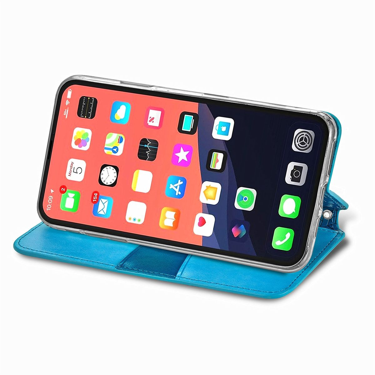Blaue Handyhülle mit Telefon, App-Icons auf dem Bildschirm.