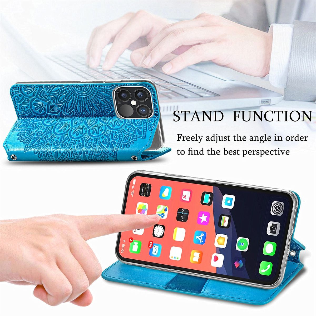 Eine blaue Handyhülle, geöffnet, zeigt Telefon und Hand, die Bildschirm berührt.