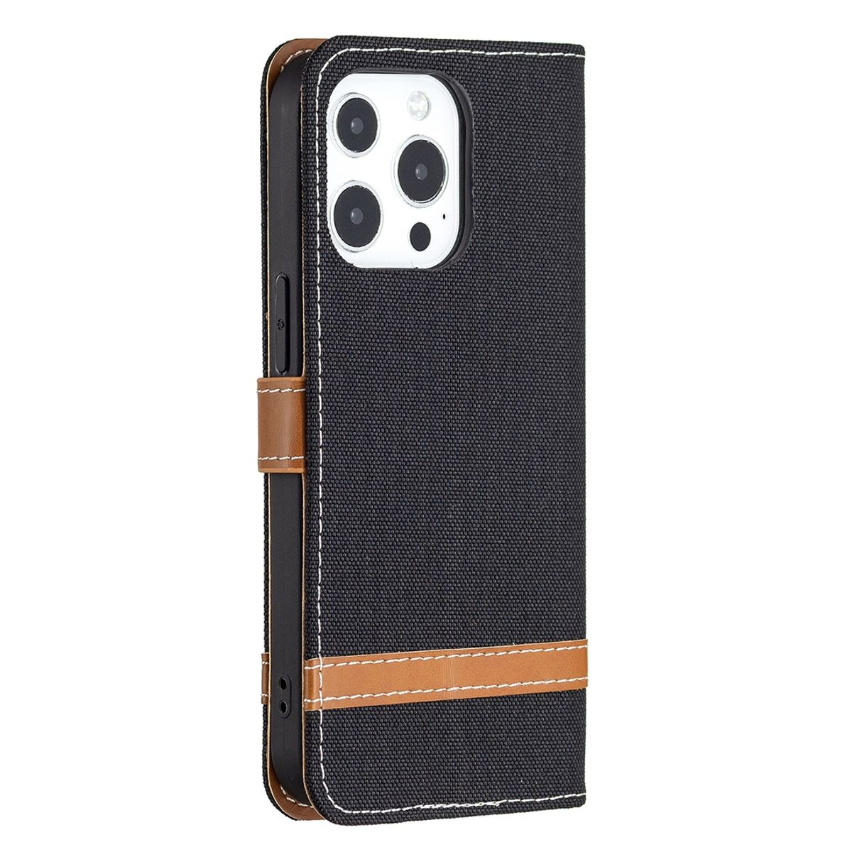 Schwarze Handyhülle mit einem braunen Riemen. Das Telefon ist darin und hat drei Kameras.