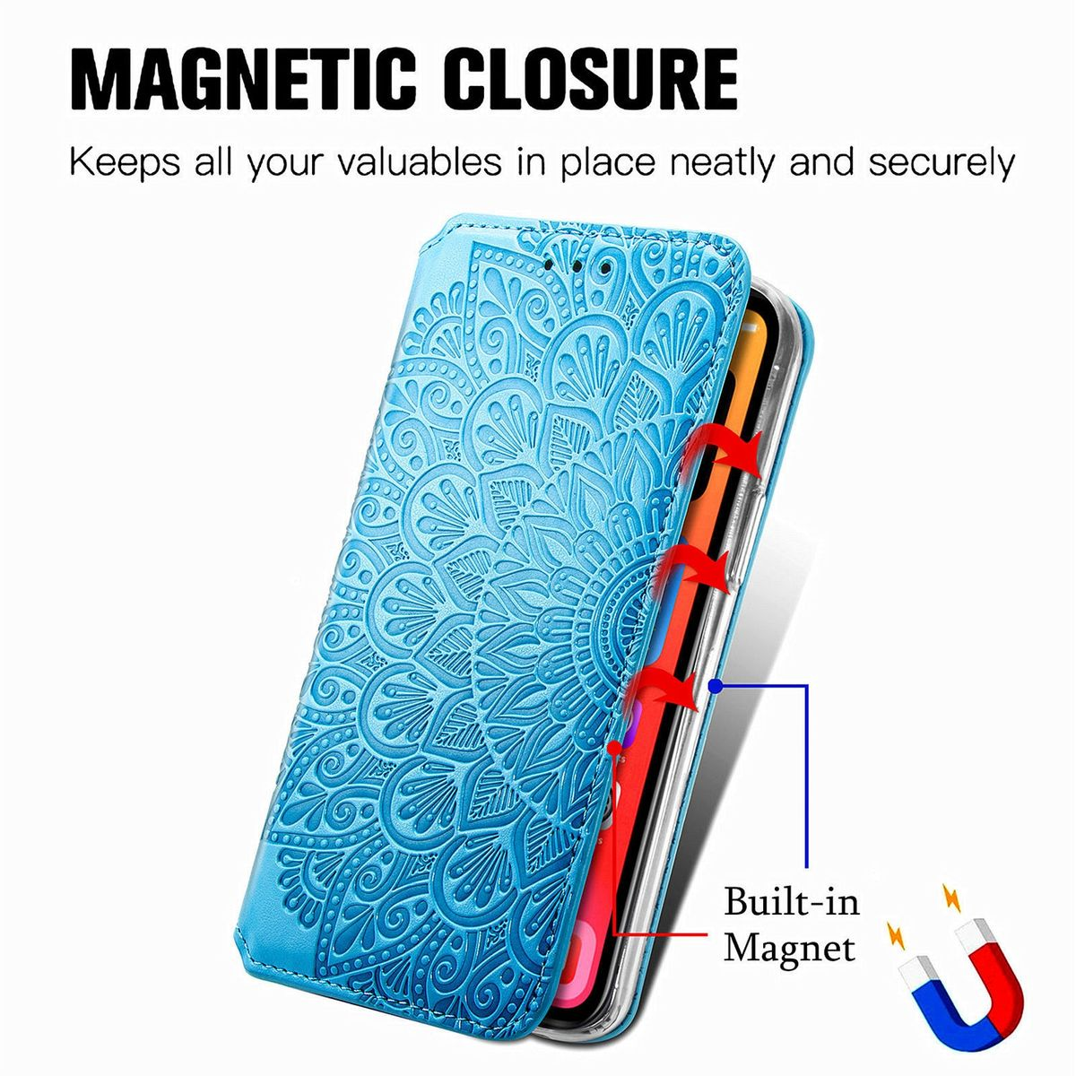 Eine blaue Handyhülle mit Mandala-Design und eingebautem Magneten.