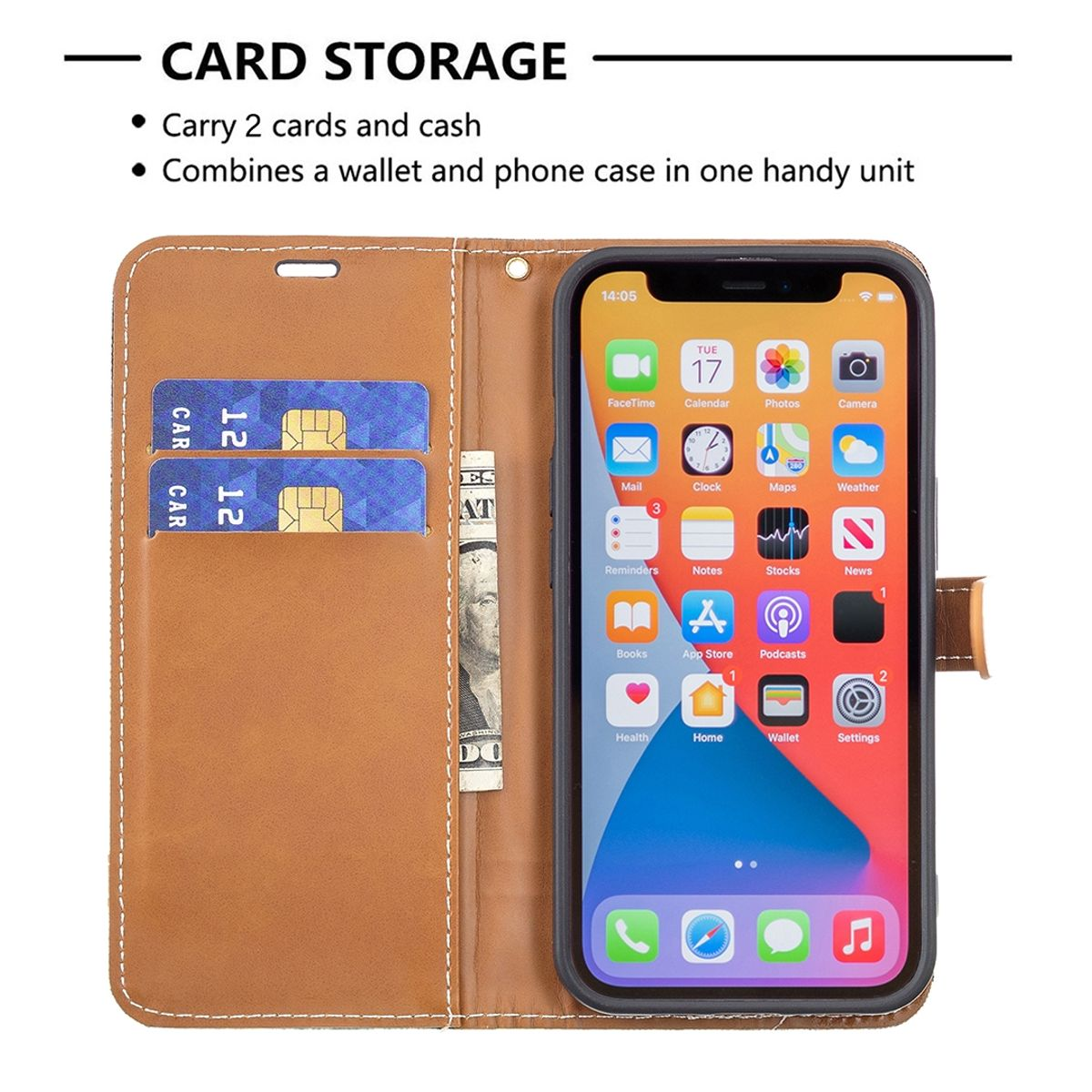 Eine braune Geldbörsen-Handyhülle mit sichtbaren Karten und Bargeld sowie einem Telefon, das den Startbildschirm anzeigt.