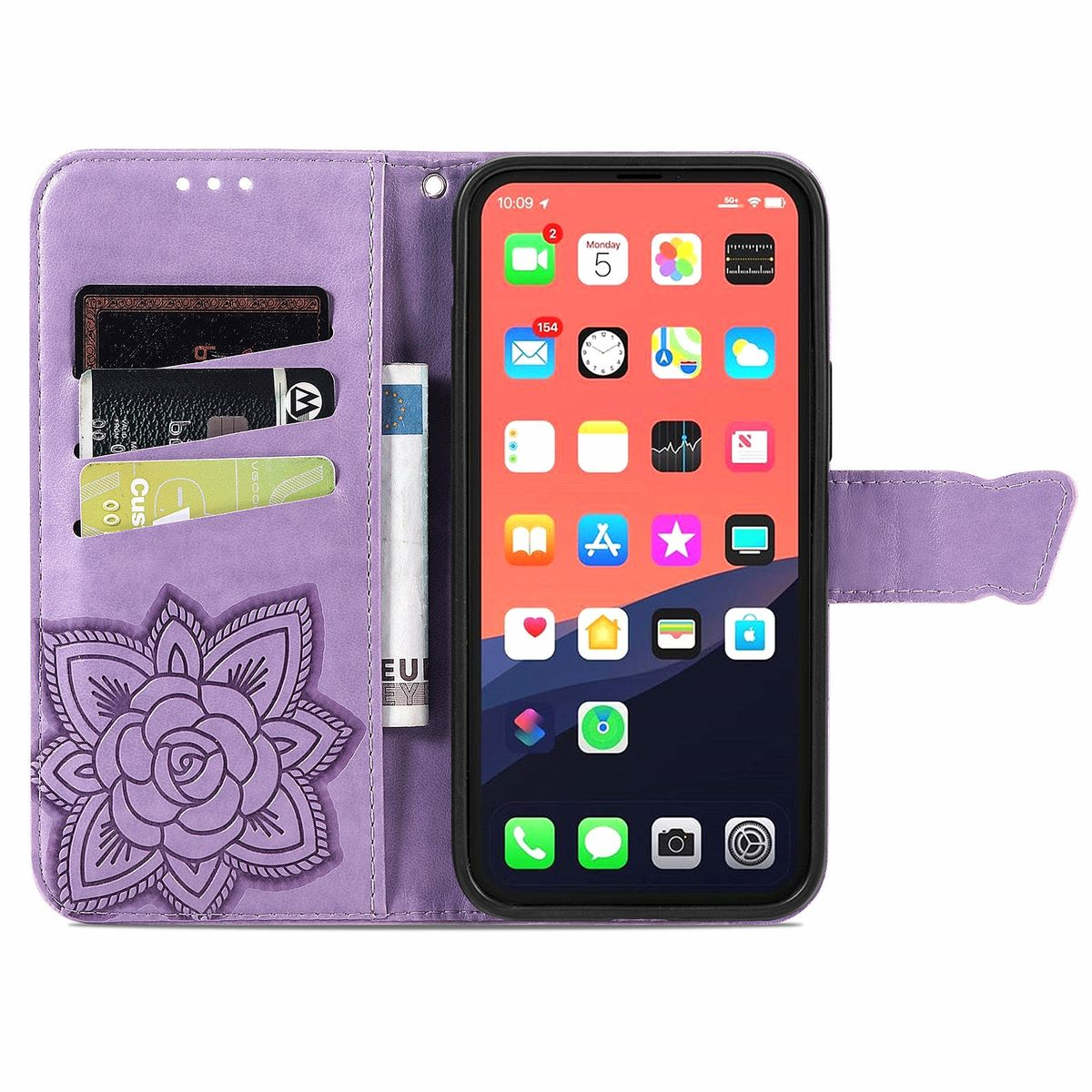 Lila Handyhülle mit Blumendesign, Telefon und Karten.