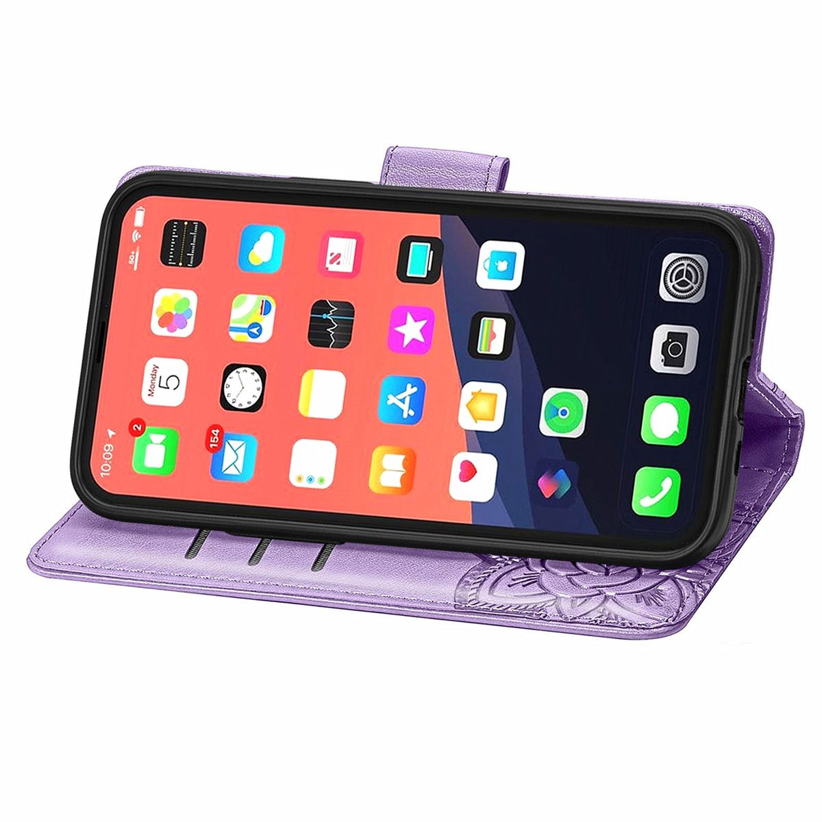 Geöffnete lila Handyhülle, die den Telefonbildschirm mit Apps zeigt. Die Hülle hat ein Blumendesign.