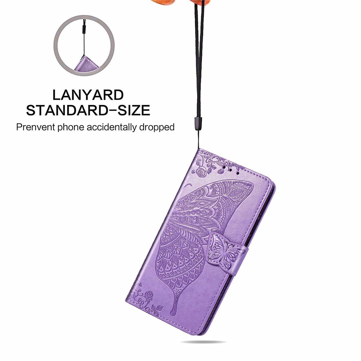 Lila Handyhülle mit Schmetterlingsdesign und Lanyard. Text besagt Lanyard Standardgröße.