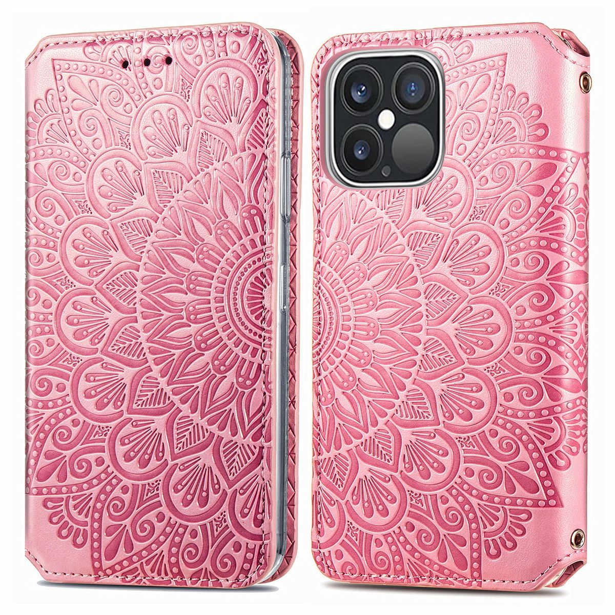 Eine rosa Handyhülle ist geöffnet. Sie hat ein Blumenmuster und ein detailliertes Design auf der Vorderseite.