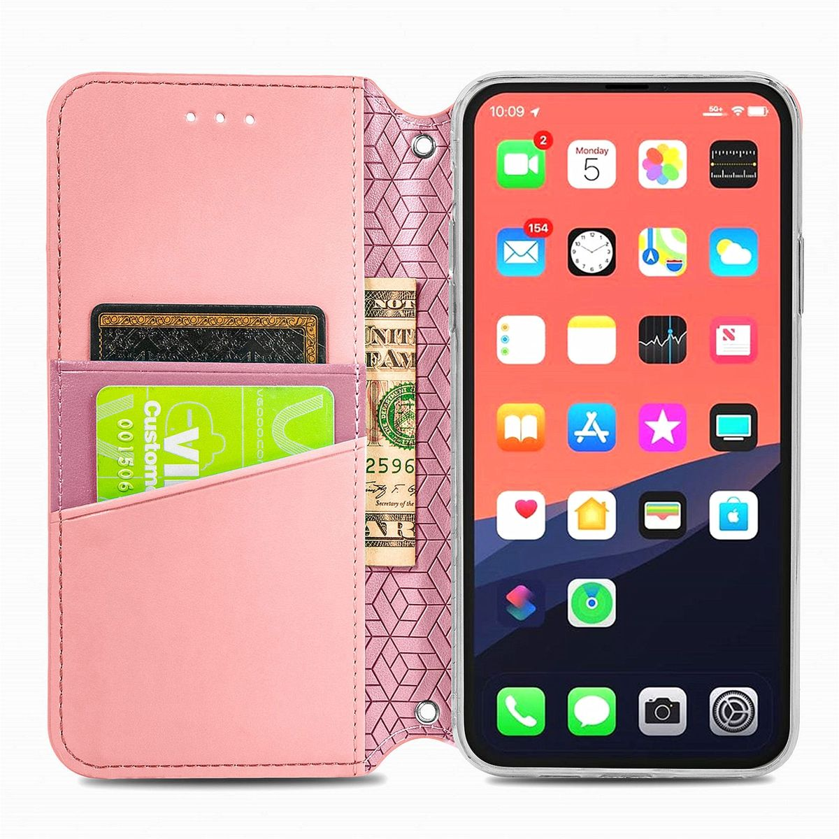 Rosa Handyhülle-Geldbörse offen, mit Handy und Karten, mit Uhr.