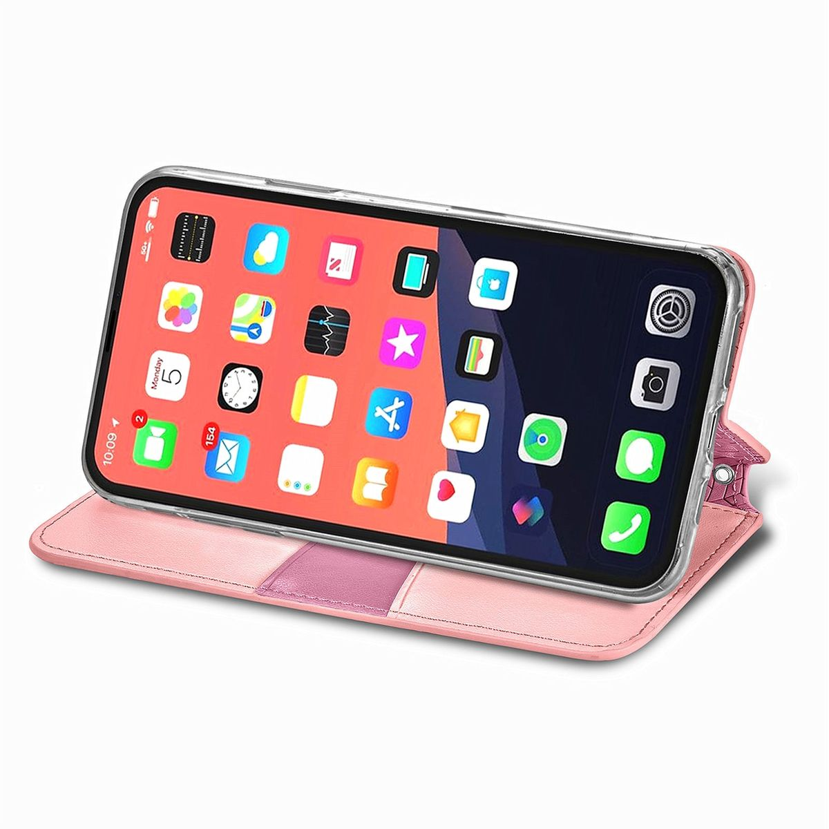 Rosa Handyhülle mit Handy, zeigt den Bildschirm mit App-Symbolen, auf weißer Oberfläche.