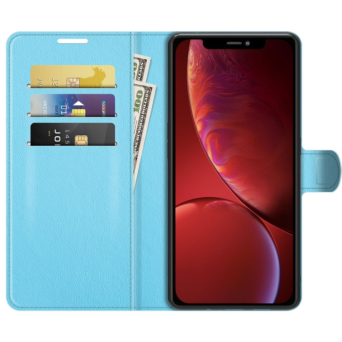Hellblaue Brieftaschen-Handyhülle. Enthält Karten, Bargeld und ein Telefon. Geöffnet. Roter Telefonbildschirm.