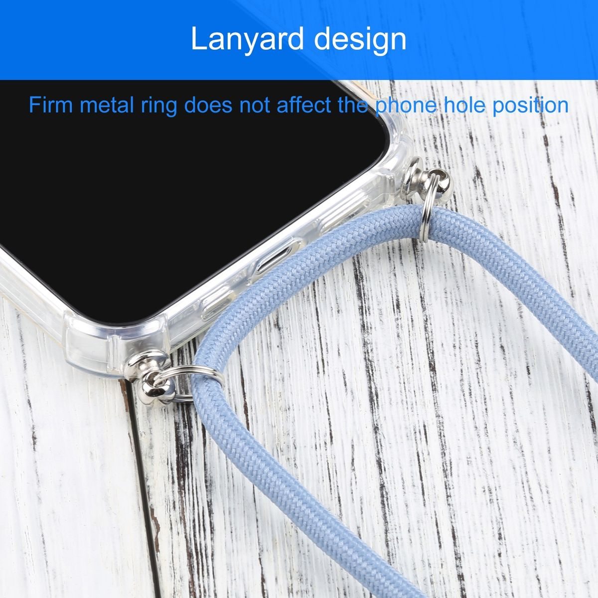 Nahaufnahme einer Handyhülle mit Lanyard-Design und blauem Band.