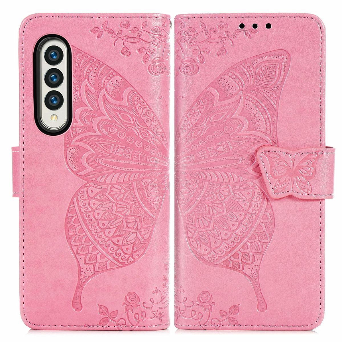 Rosa Handyhülle mit Schmetterlingsdesign, geöffnet, um das Telefon zu zeigen.