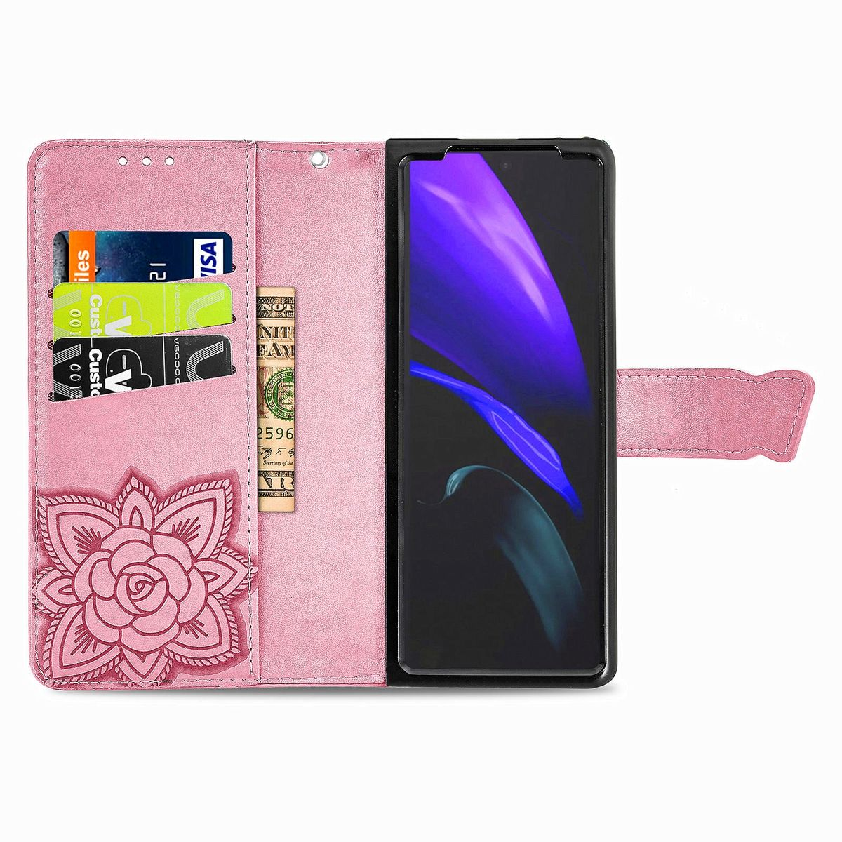 Rosa Handyhülle mit Blumendesign, geöffnet, um Handy und Karten zu zeigen.