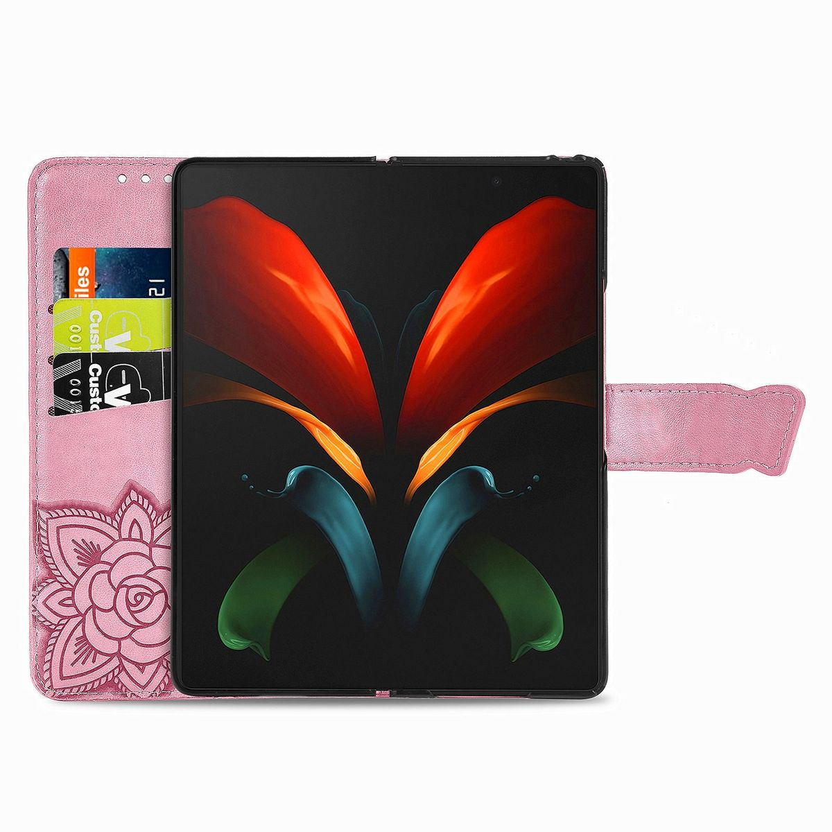 Geöffnete rosa Blumen-Handyhülle mit Telefon, farbigem Display und Kartenfächern.