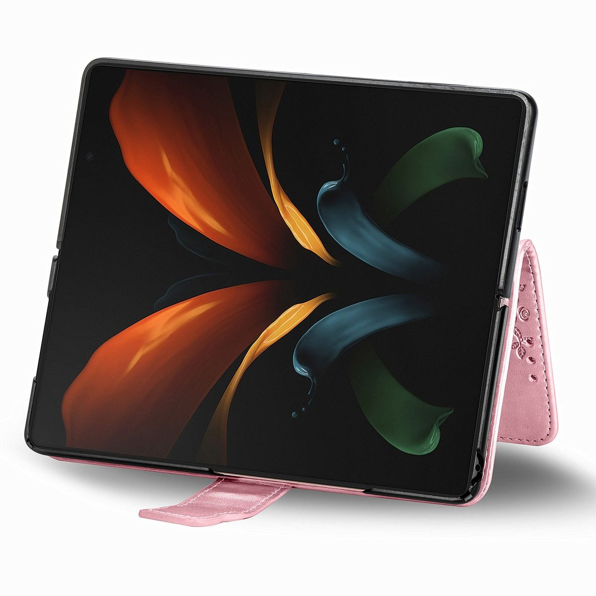 Ein rosa Tabletfach mit geöffnetem Tablet, das ein farbenfrohes Bild anzeigt. Das Fach hat einen Ständer.