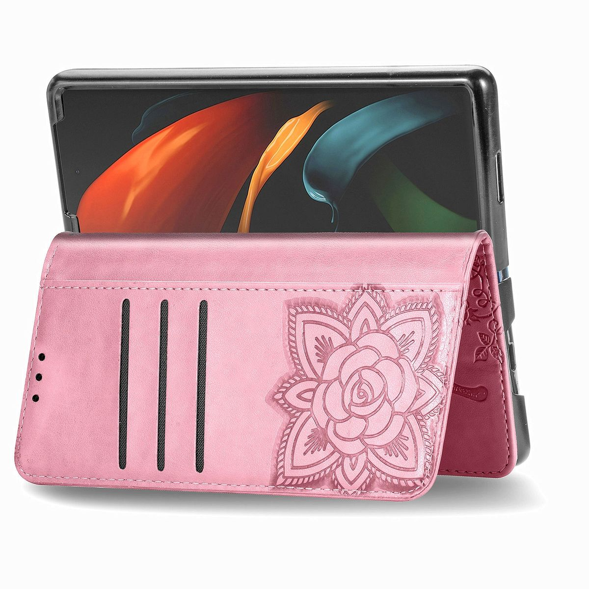 Rosa Handyhülle mit Blumendesign und Kartenfächern, vor einem schwarzen Tablet.