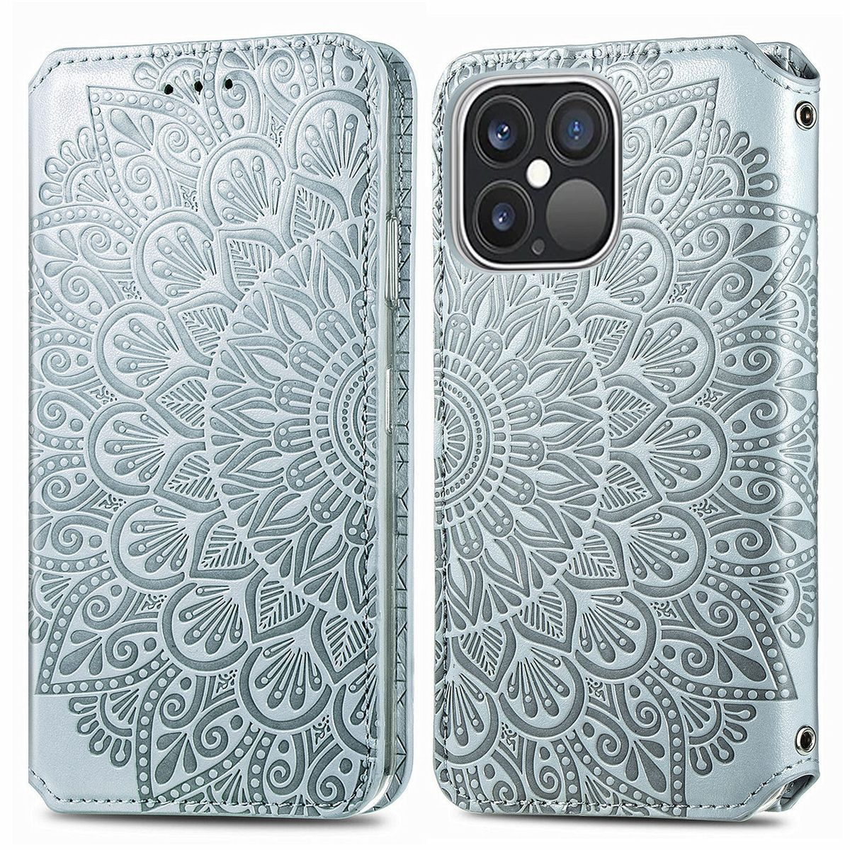Hellblaue Handyhülle mit Mandala-Design. Geöffnet, zeigt Telefon und Innenraum.