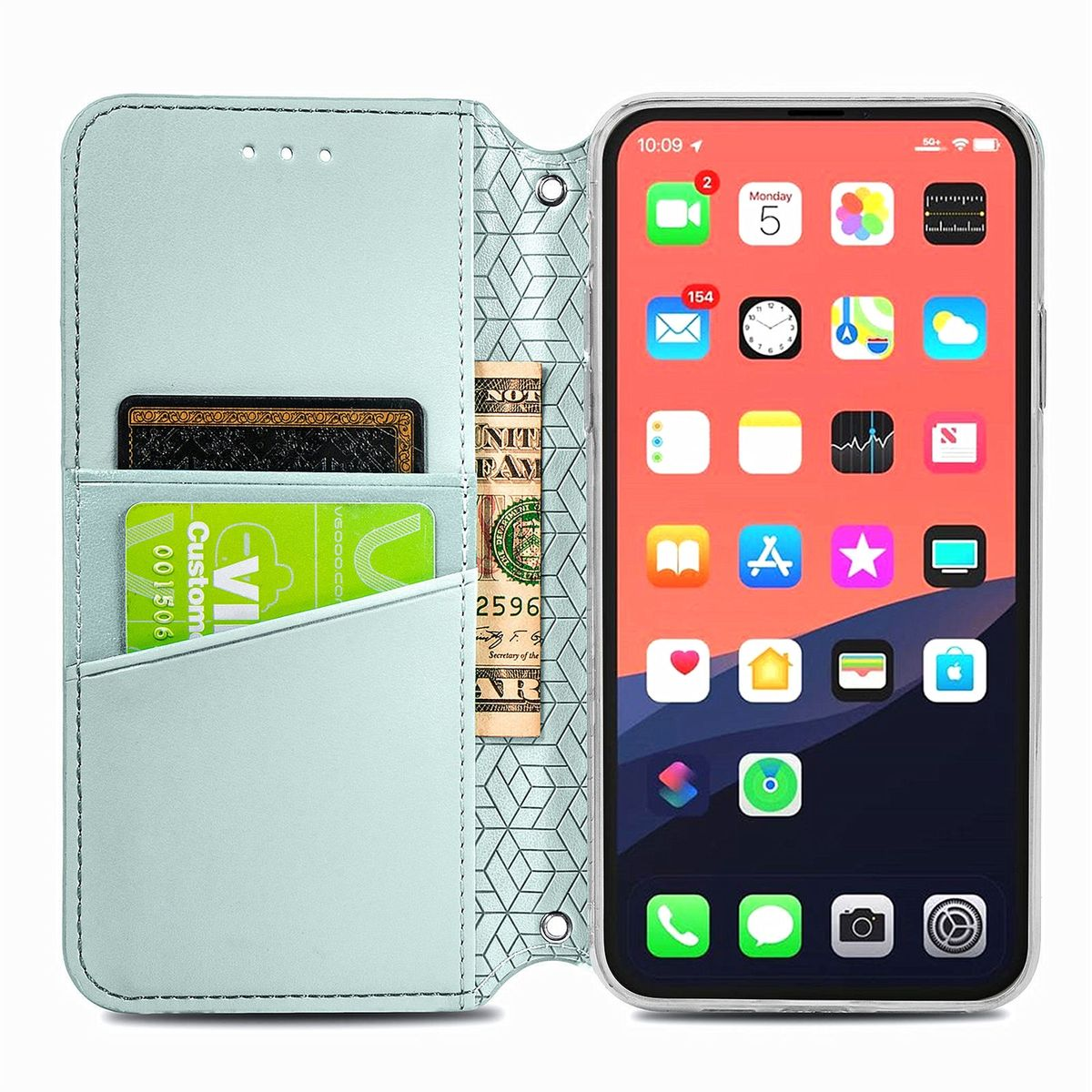 Offene Handyhülle mit Telefon, das App-Symbole zeigt, Karten und Bargeld sichtbar. Hellblau.