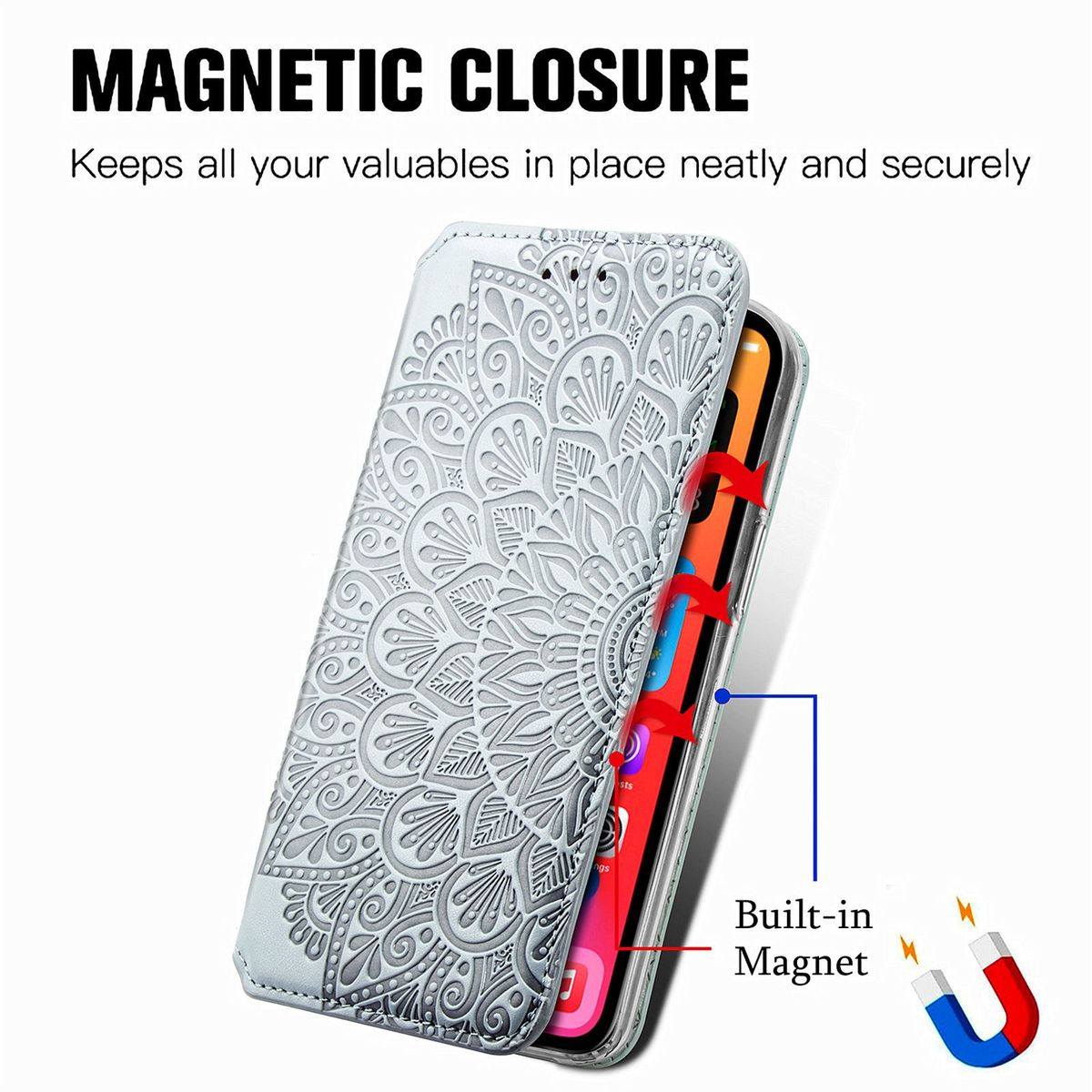 Handyhülle mit Magnetverschluss, zeigt ein rotes Telefon. Eingebauter Magnet.