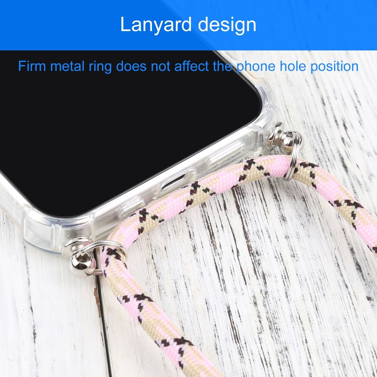Telefon mit Lanyard befestigt. Das Telefon ist klar und das Lanyard ist rosa.