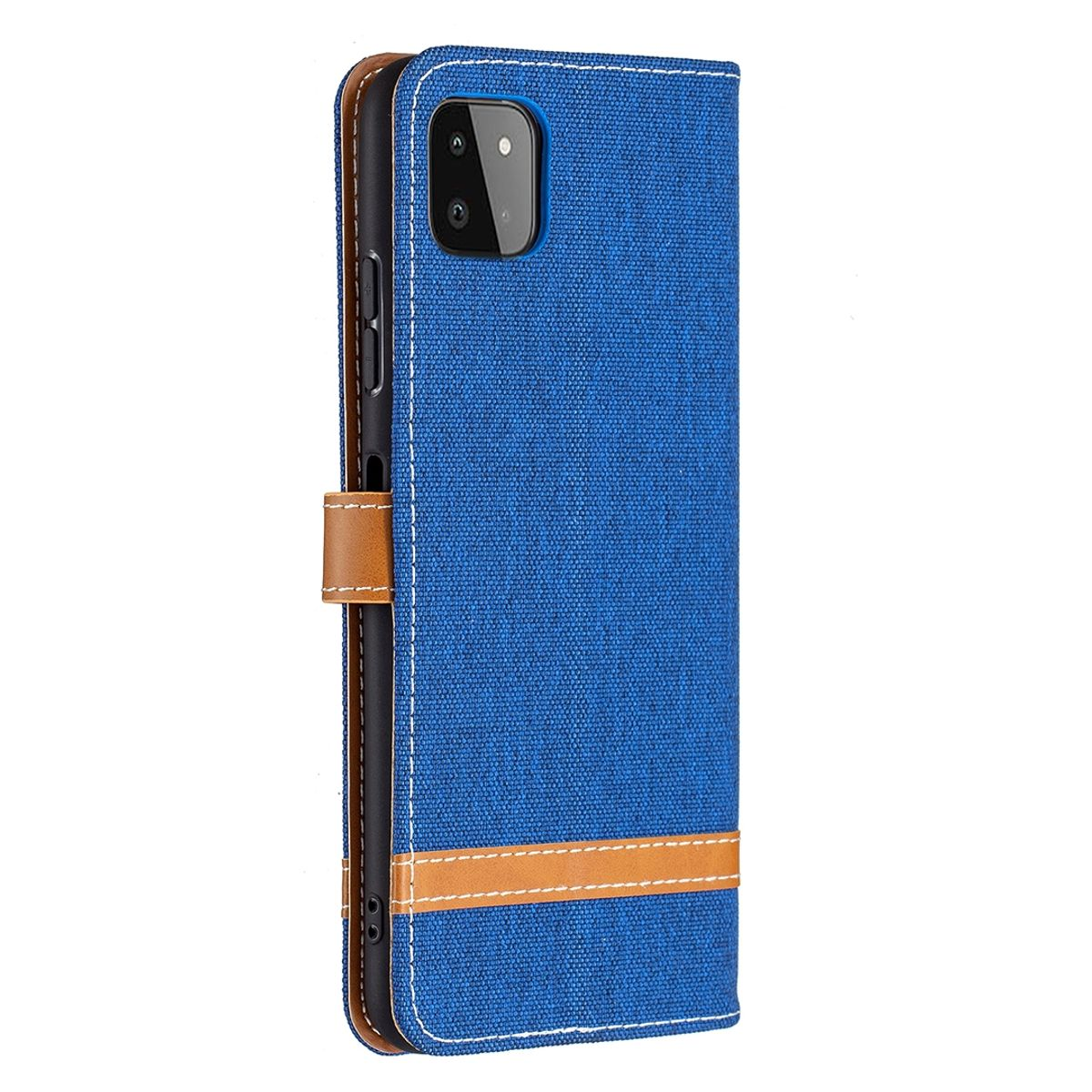 Eine blaue Handyhülle mit braunem Riemen und Nähten, das Telefon teilweise zeigend.