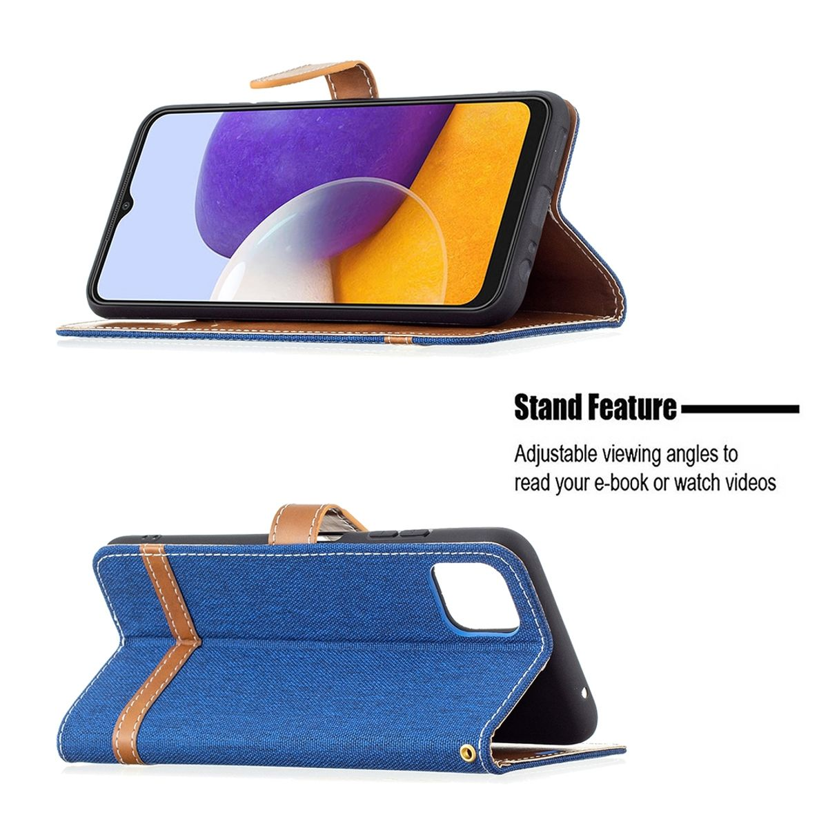 Blaue Handyhülle mit Telefon. Die Hülle ist jeansartig, braun und mit weißen Nähten versehen.
