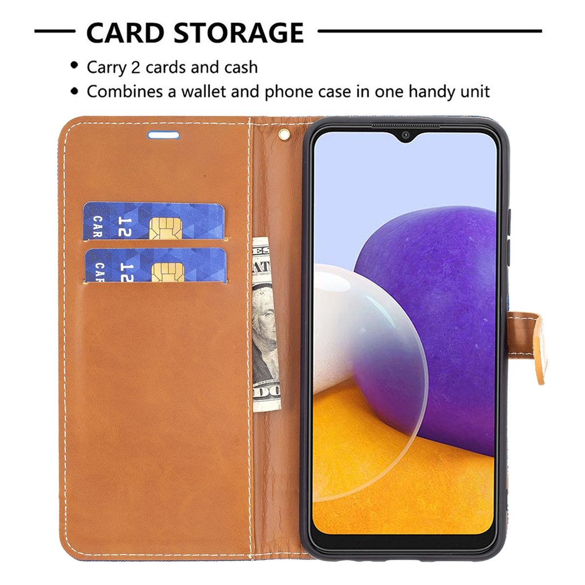 Geöffnete braune Leder-Handyhülle mit Karten und Bargeld. Telefon ist drin. Der Hintergrund ist weiß.