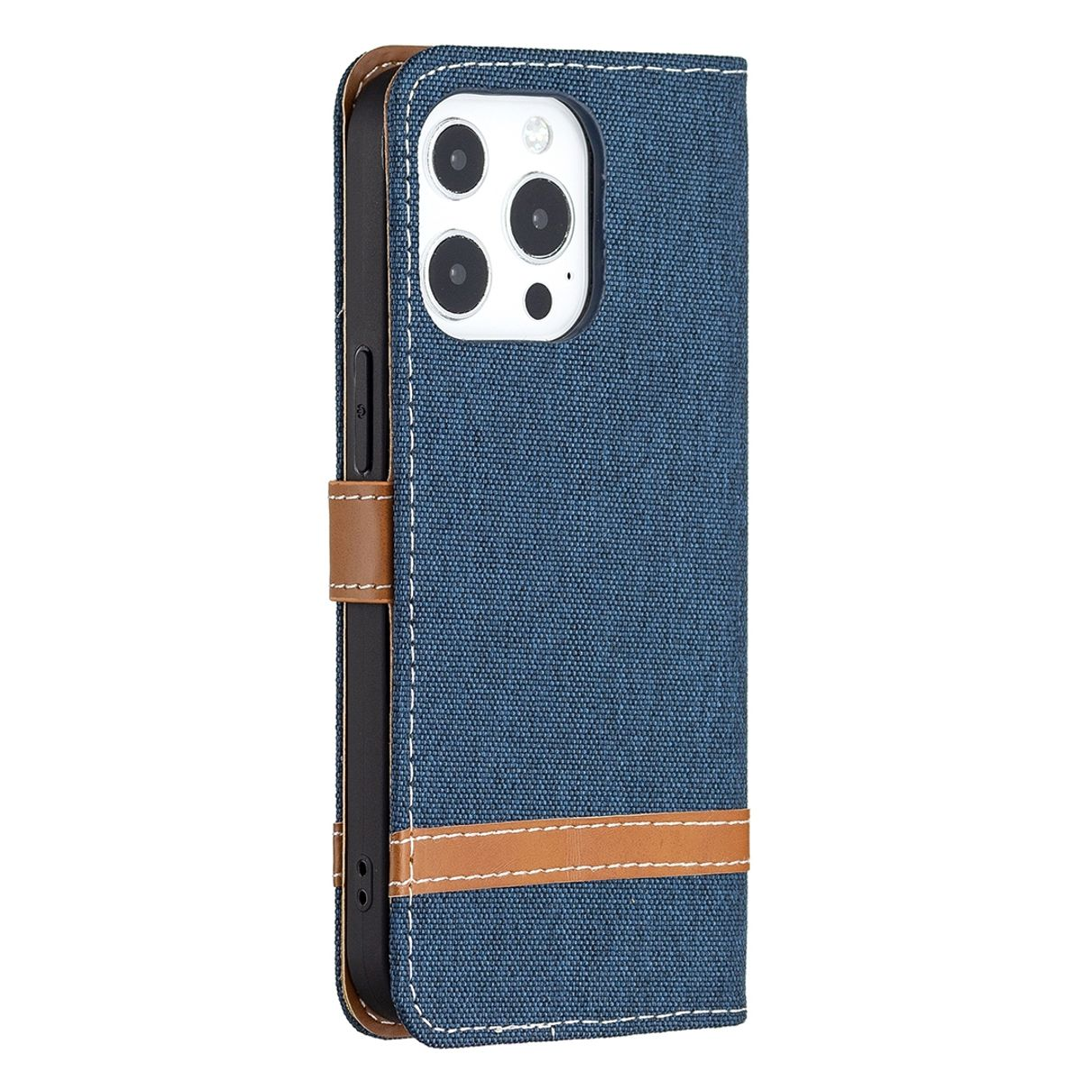 Blaue Handyhülle mit braunem Streifen und Nähten. Die Hülle ist geöffnet und zeigt das Telefon im Inneren.