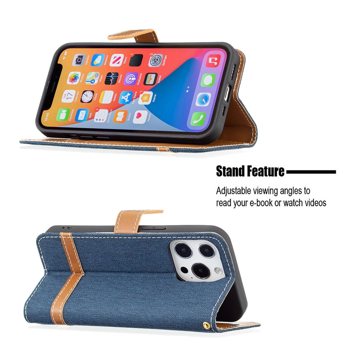 Eine blaue Jeans-Handyhülle offen. Telefon ist drin, zeigt Startbildschirm. Text: 'Standfunktion'.