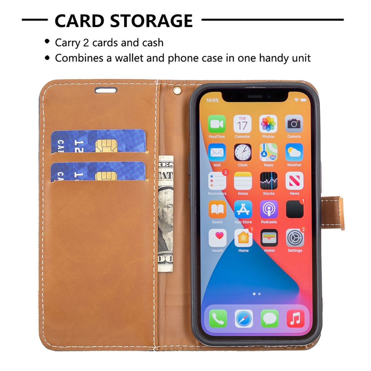 Eine braune Geldbörsen-Handyhülle mit sichtbaren Karten und Bargeld sowie einem Telefon, das den Startbildschirm anzeigt.