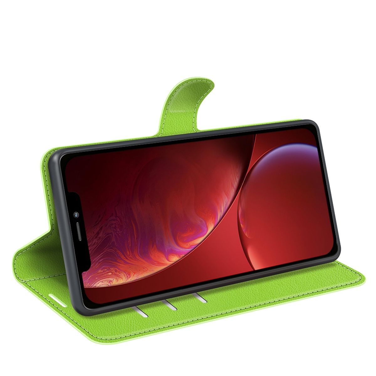 Grüne Handyhülle mit einem Smartphone im Inneren. Das Smartphone-Display zeigt einen roten und lila Hintergrund.