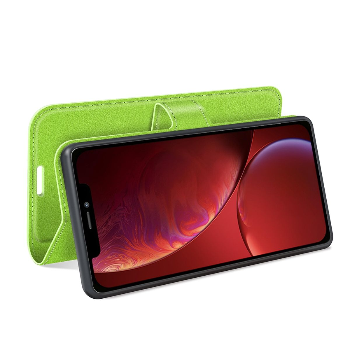 Eine grüne Handyhülle, offen. Ein Telefon befindet sich darin, mit dem Bildschirm nach vorne.