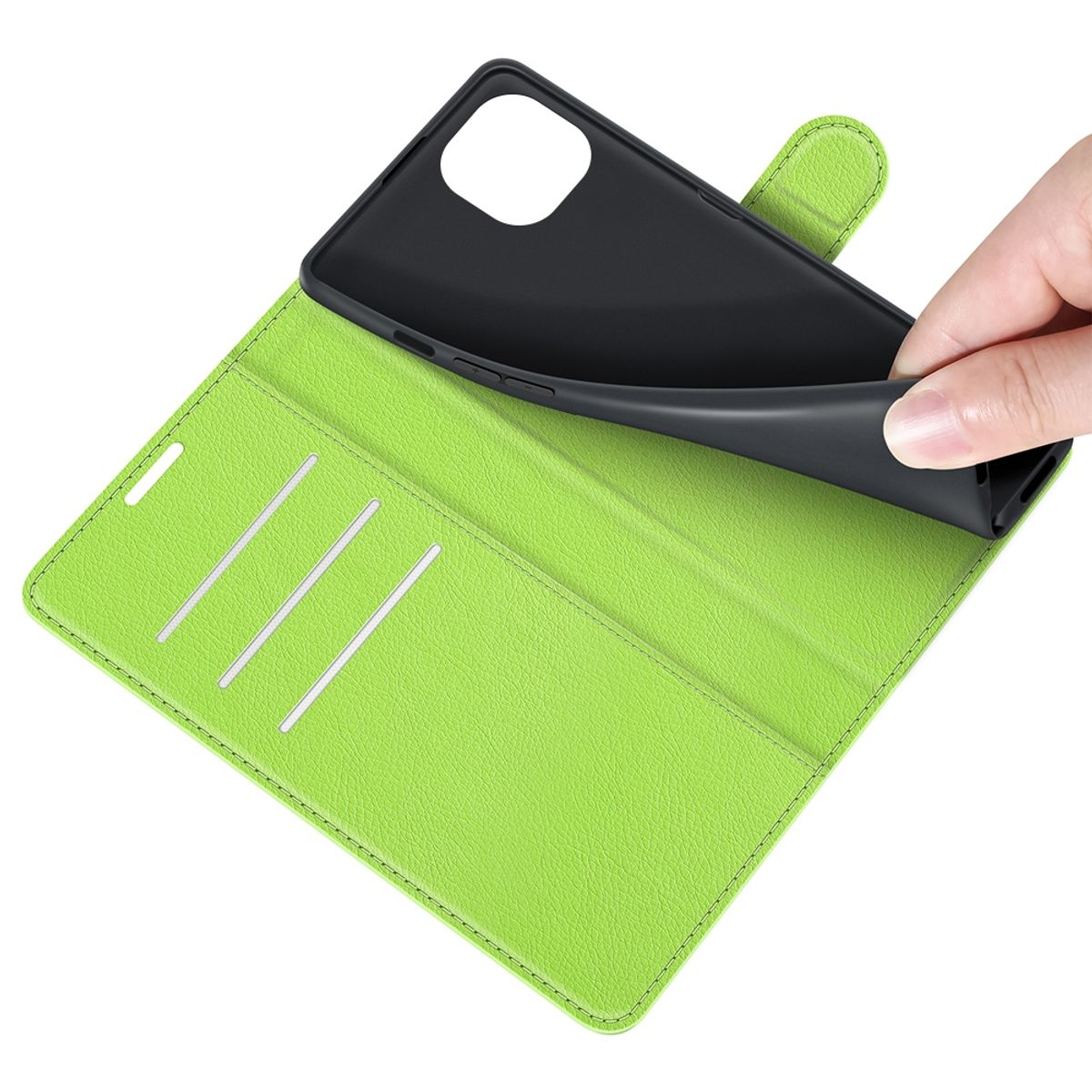 Grüne Handyhülle, offen. Hand hält Telefon. Innen mit Kartenfächern und schwarzem Telefonhalter.