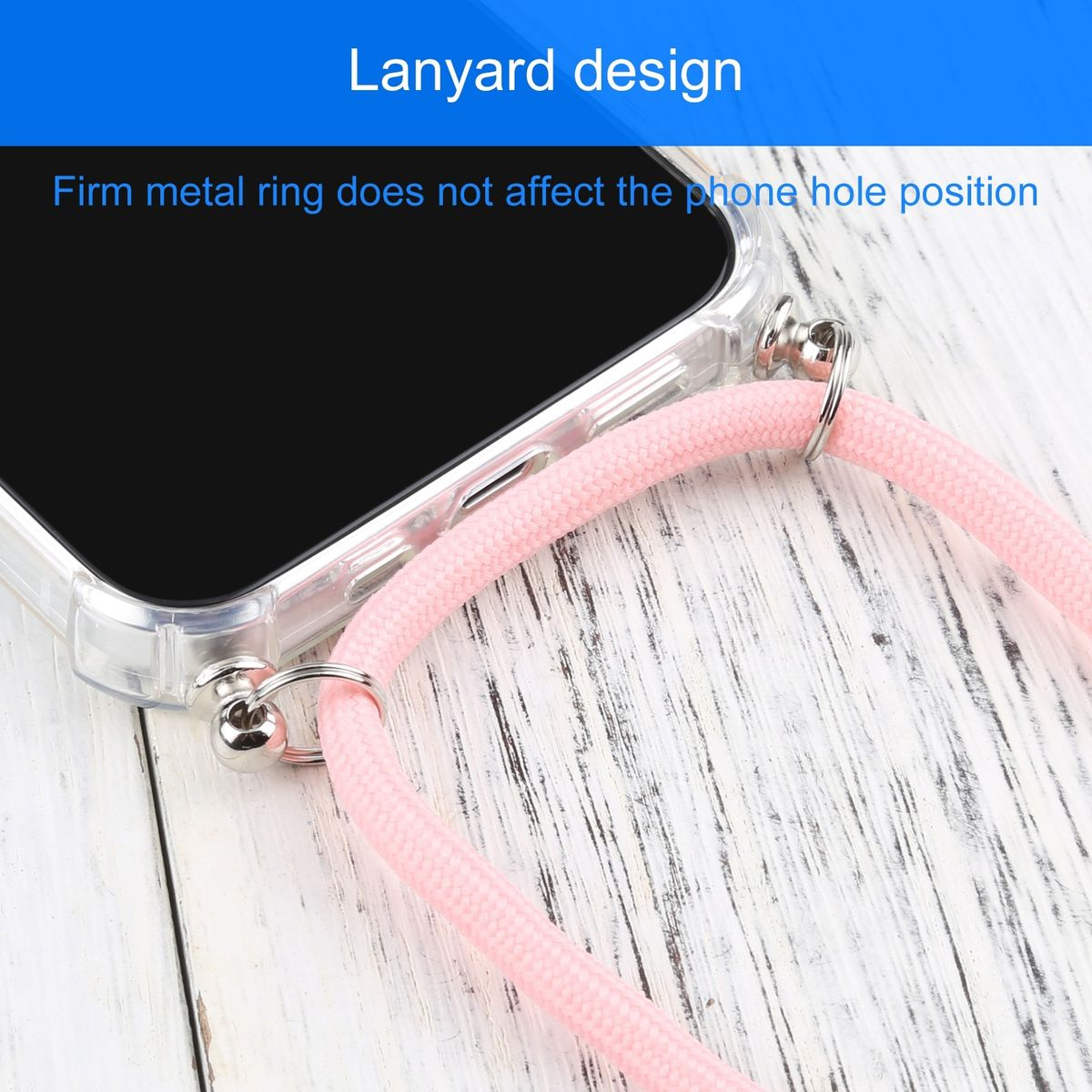 Telefon mit pinkfarbenem Umhängeband, Nahaufnahme des Metallrings.