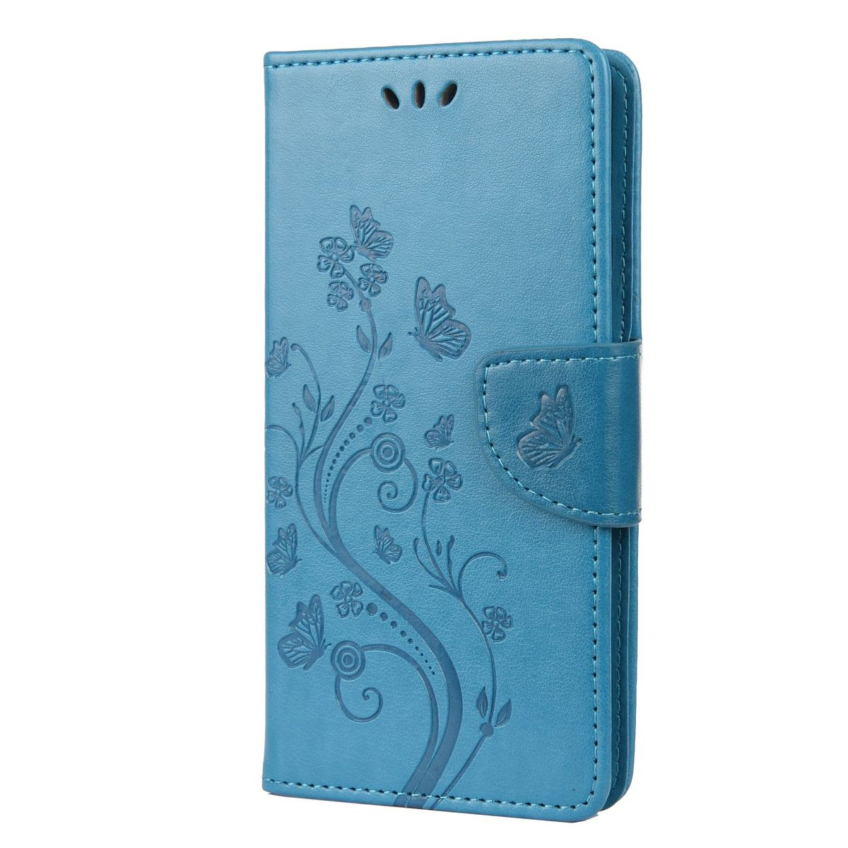 Blaue Handyhülle mit Blumendesign mit Schmetterlingen.