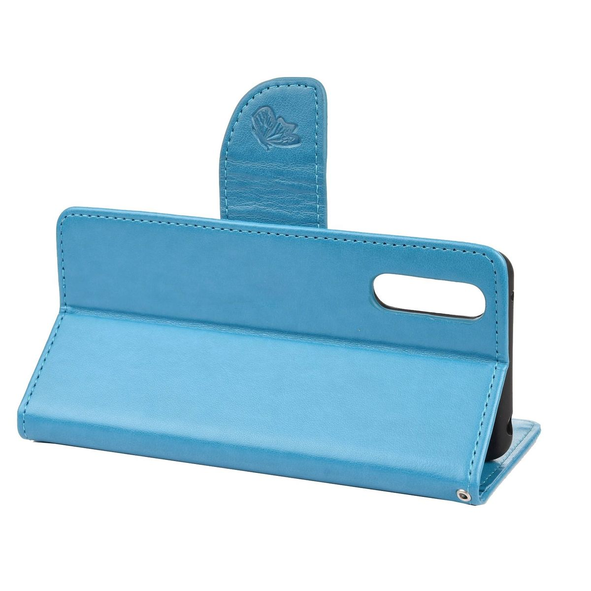 Eine blaue Handyhülle ist geöffnet und zeigt das Innere. Auf dem Cover ist ein Schmetterlingslogo.