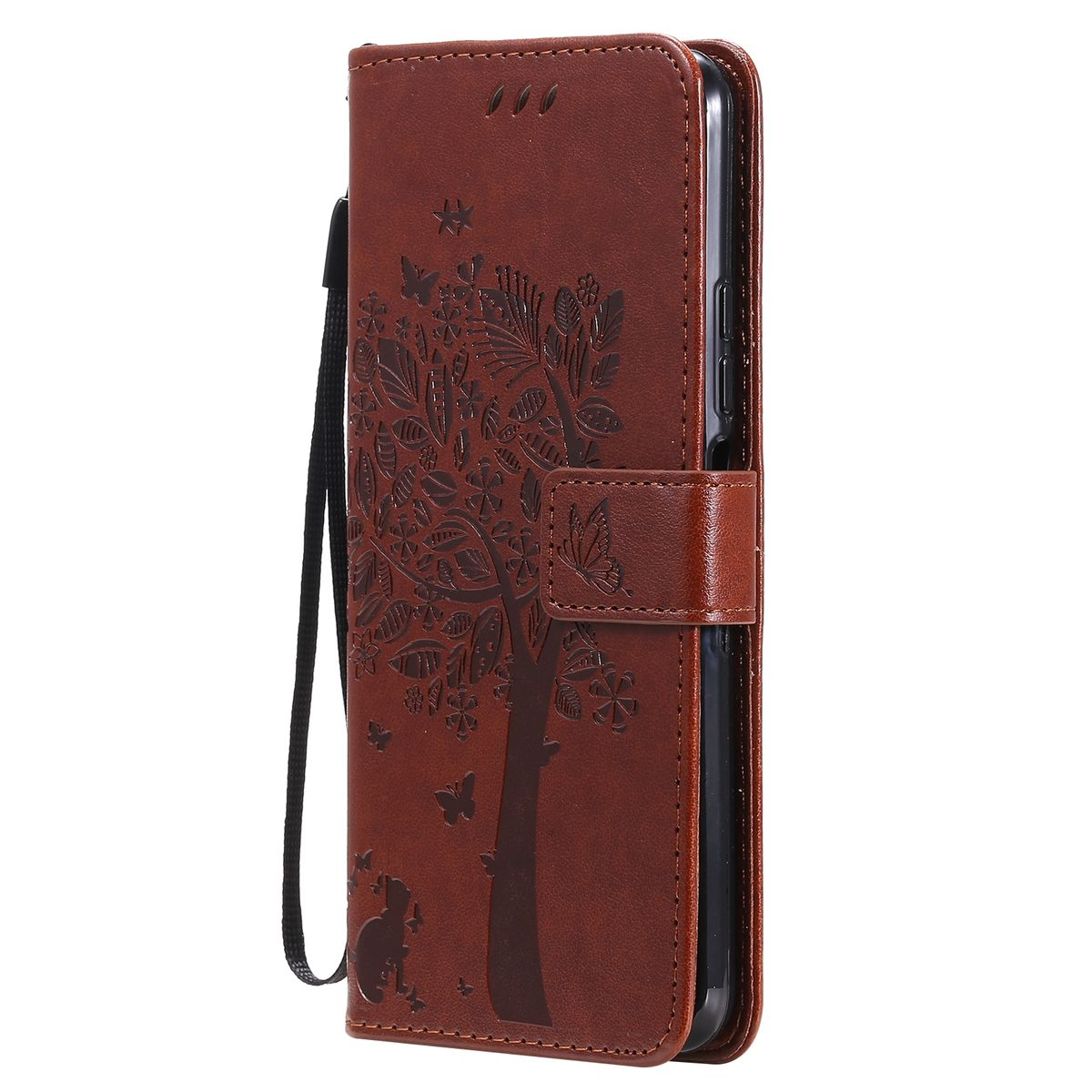 Braune Leder-Handyhülle mit Baumdesign. Ein Baum und Schmetterlinge auf dem Cover, schwarzer Riemen befestigt.