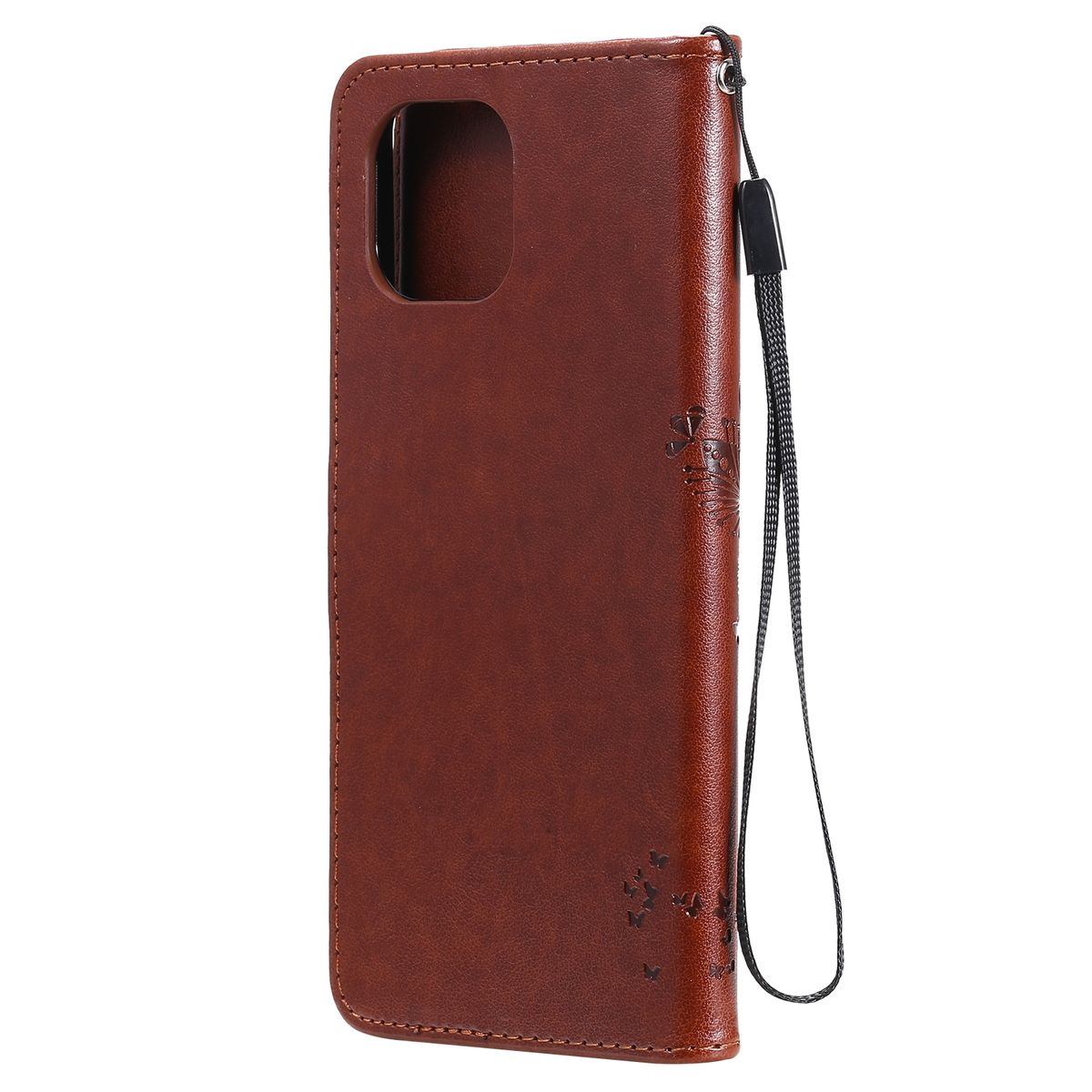 Braune Leder-Handyhülle mit schwarzem Riemen, mit Schmetterlingsdesign.