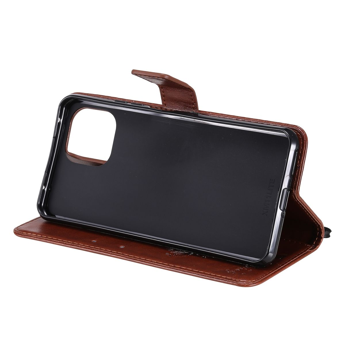 Braune Handyhülle geöffnet, zeigt ein schwarzes Telefon im Inneren und das Innendesign.