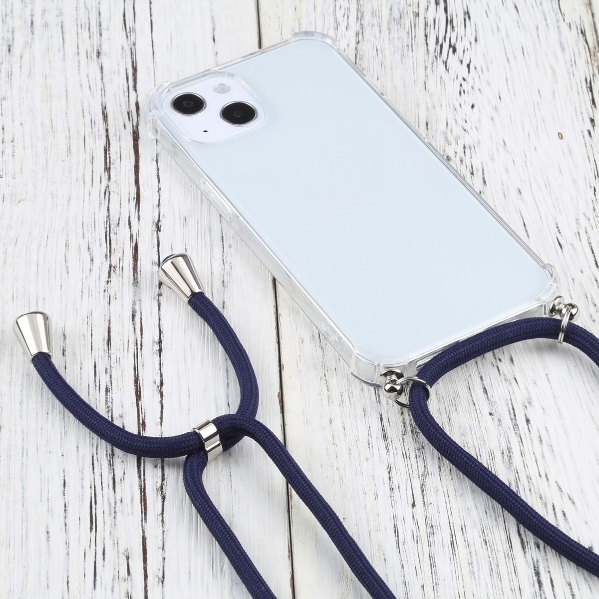 Transparente Handyhülle mit navyblauem Umhängeband.