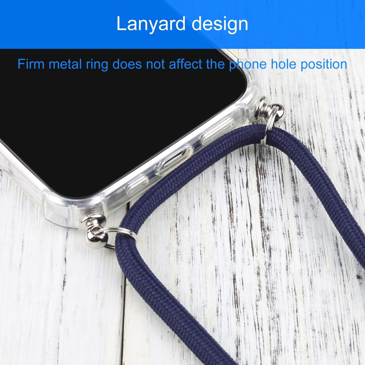 Eine transparente Handyhülle mit einem blauen Lanyard, die auf einer hellen Holzoberfläche liegt.