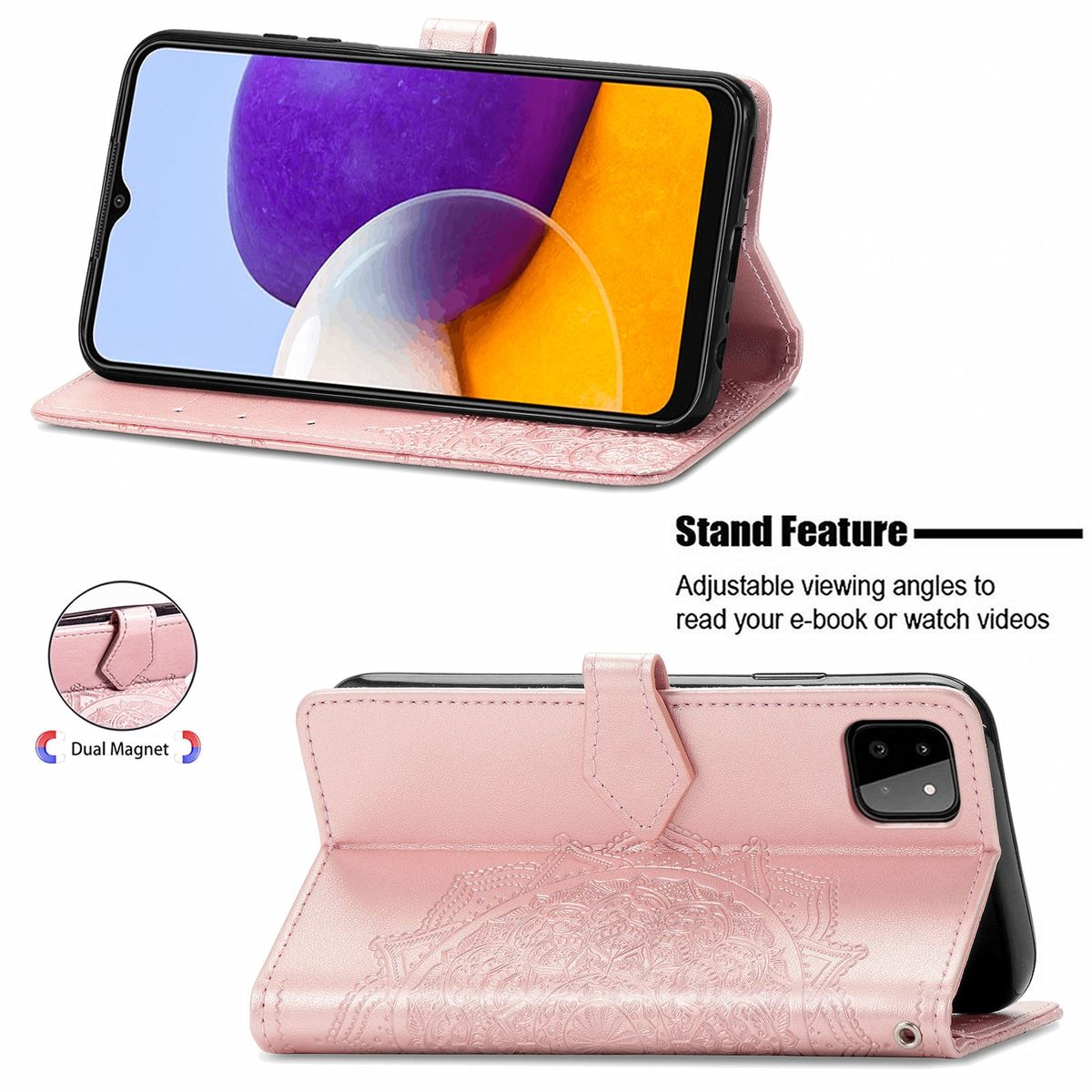 Eine rosa Handyhülle mit geprägtem Design und einem Telefon darin, in Standfunktion.