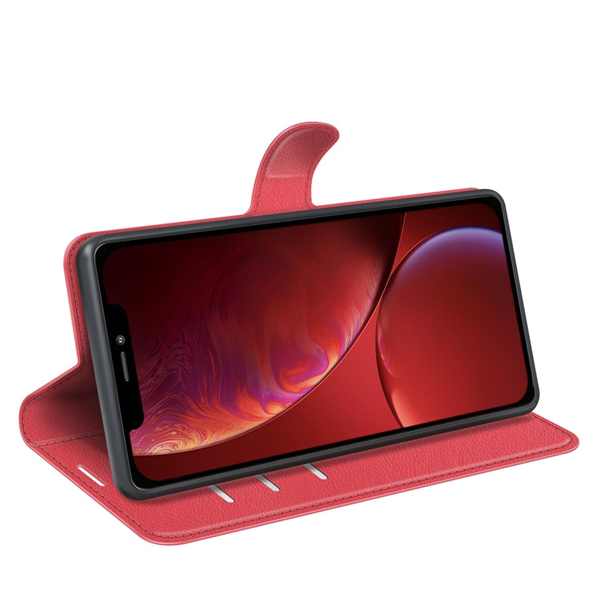Rote Handyhülle, die ein rotbildschirmiges Telefon hält.