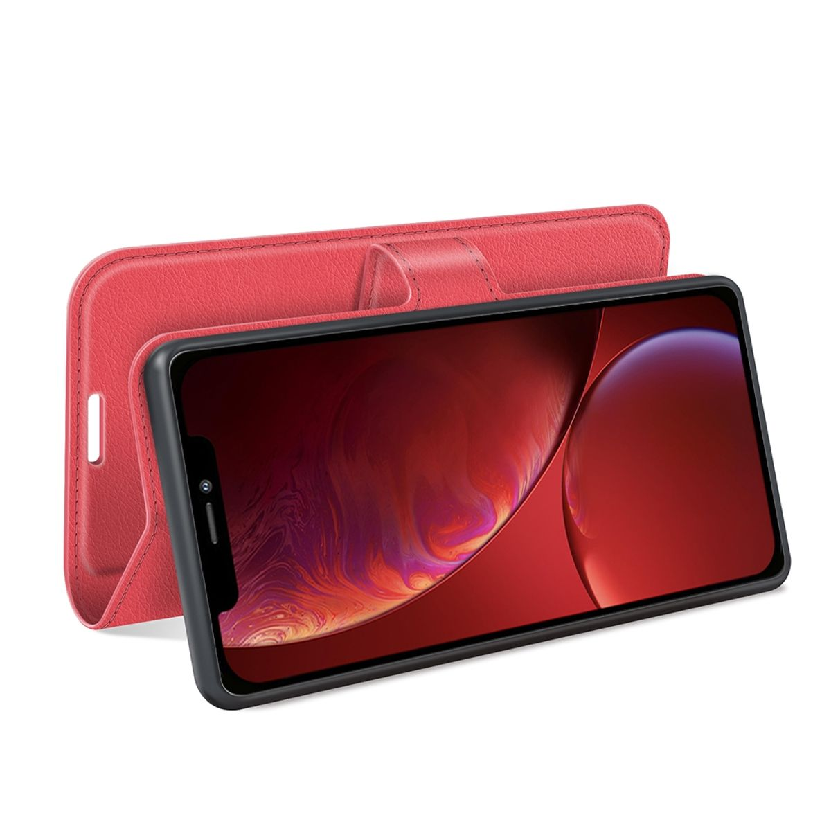 Eine rote Handyhülle mit einem Telefon darin. Der Bildschirm des Telefons zeigt einen roten Hintergrund.