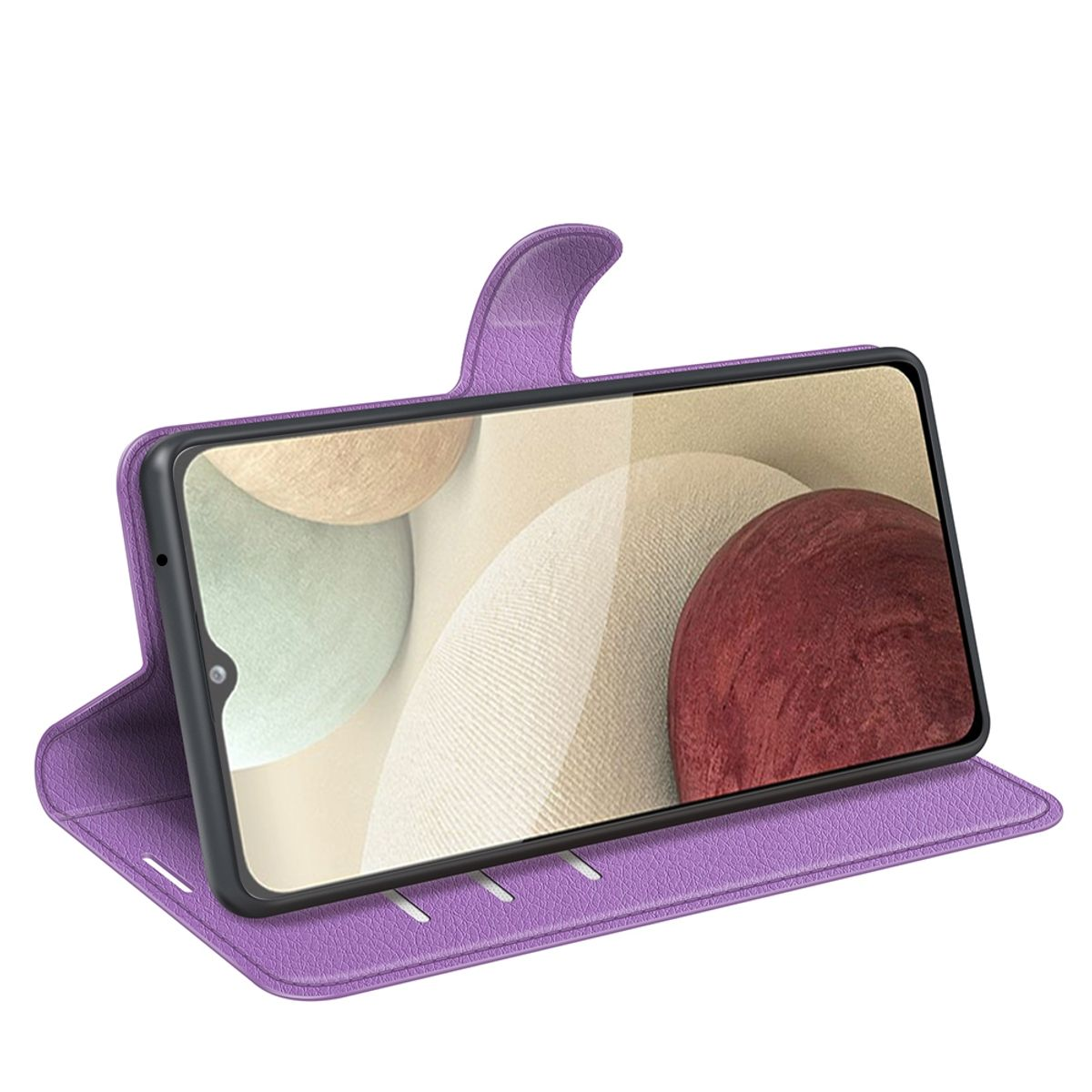 Lila Handyhülle mit einem Telefon darin. Der Telefonbildschirm zeigt einen roten und orangefarbenen Hintergrund.
