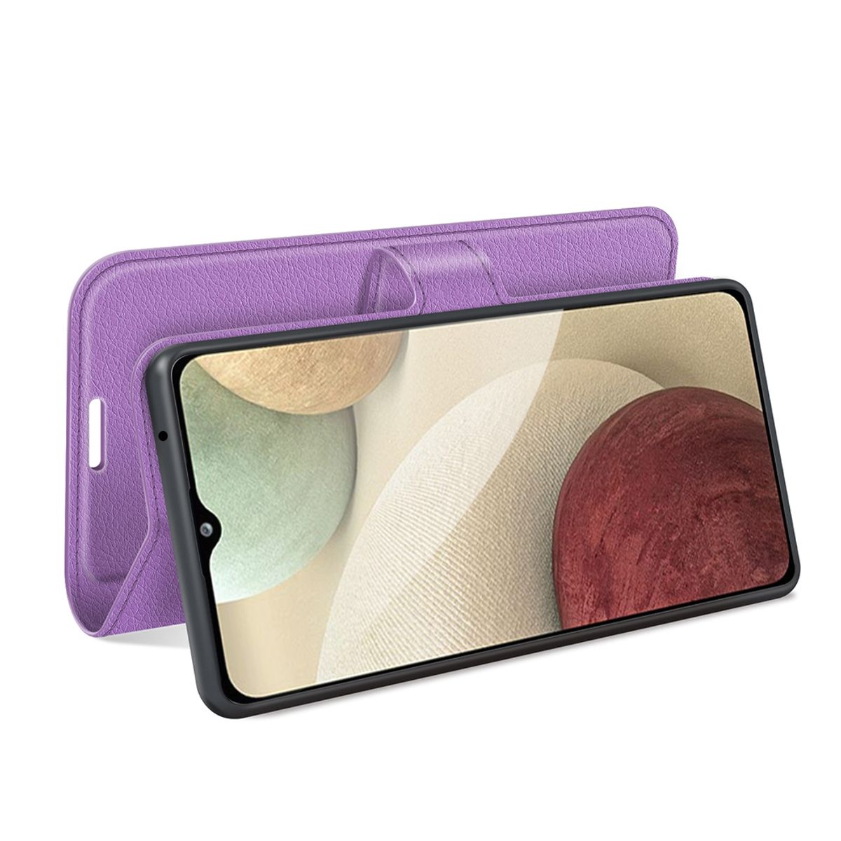 Eine lila Handyhülle mit einem Smartphone darin. Das Telefon wird auf weißem Hintergrund angezeigt.