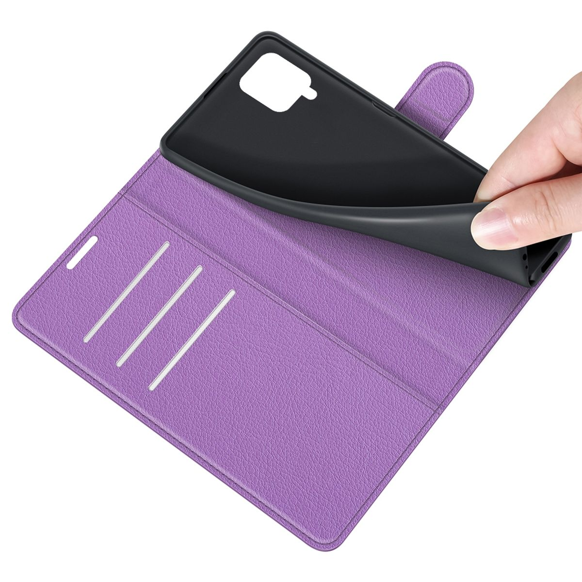 Eine lila Handyhülle mit einer Hand, die ein schwarzes Telefon hält.