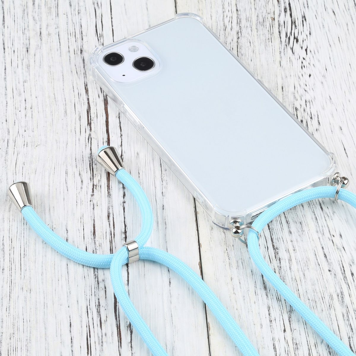Transparente Handyhülle mit blauem Umhängeband. Das Telefon ist hellblau und weiß.