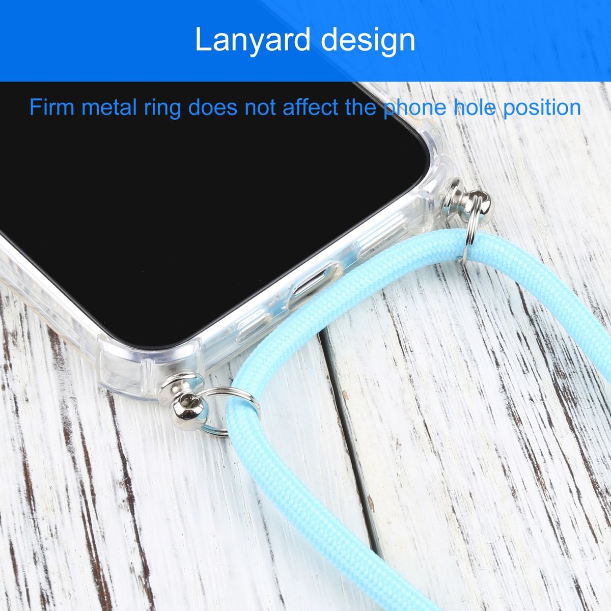 Transparente Handyhülle mit blauem Lanyard. Telefon ist in der Hülle. Lanyard ist hellblau.