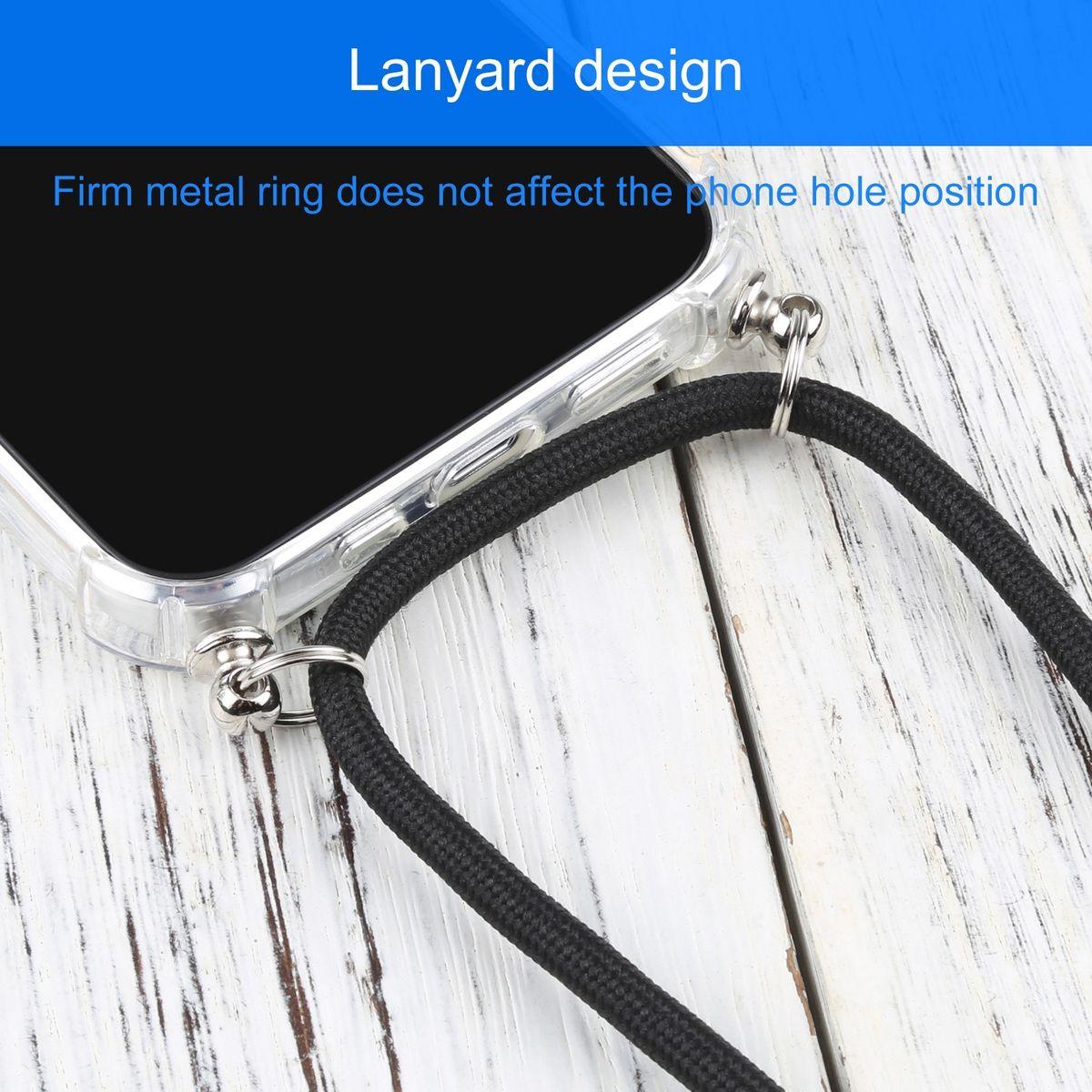 Schwarze Handyhülle mit Lanyard. Das Telefon ist sichtbar.