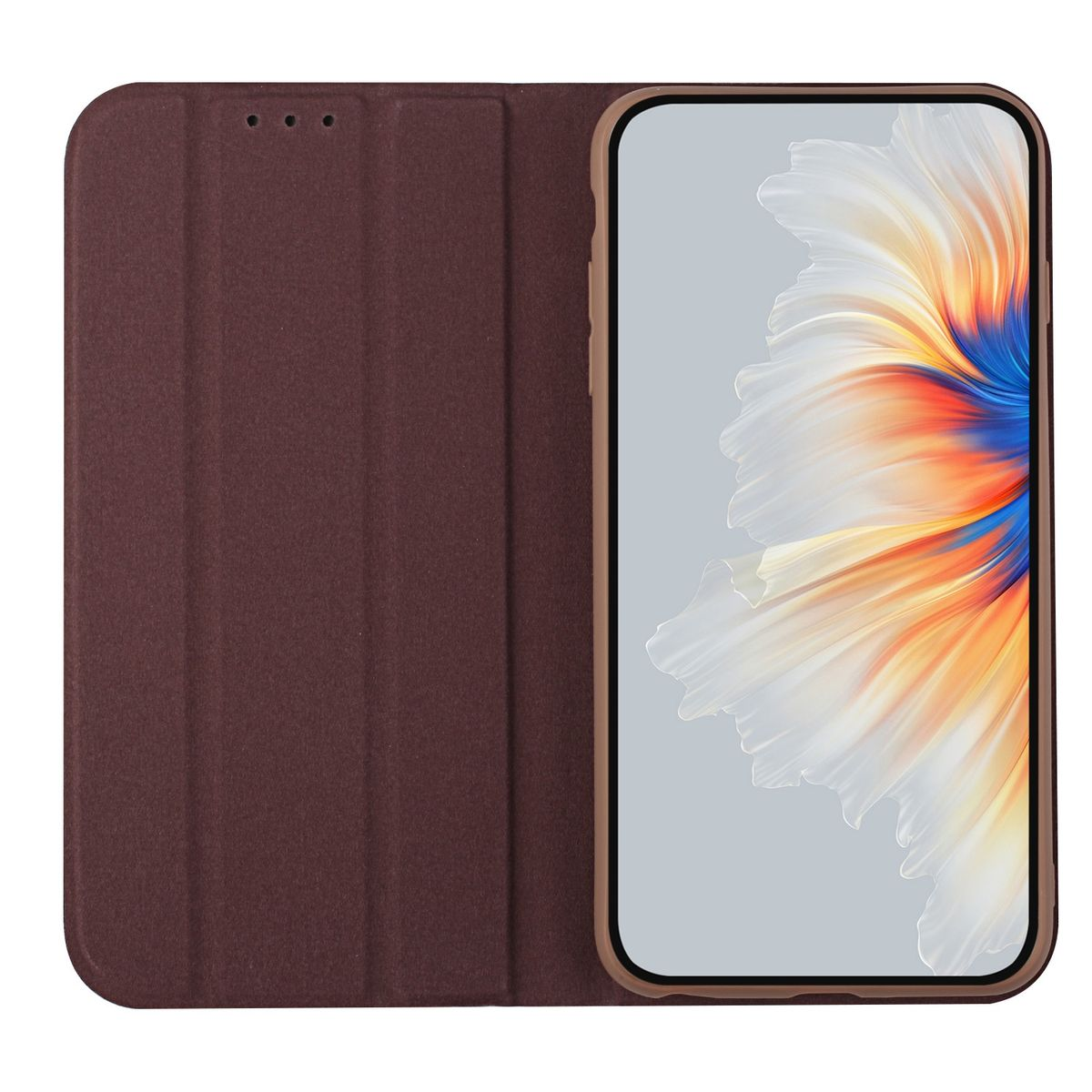Braune Handyhülle mit Telefon, offen, zeigt den Telefonbildschirm.